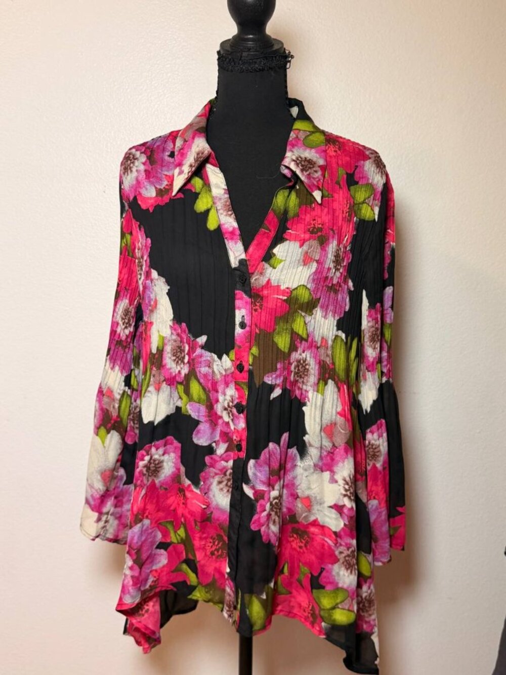 Sunny Leigh Black Pink Floral Pleated Tunic Blouse Boho Romantic Style XL